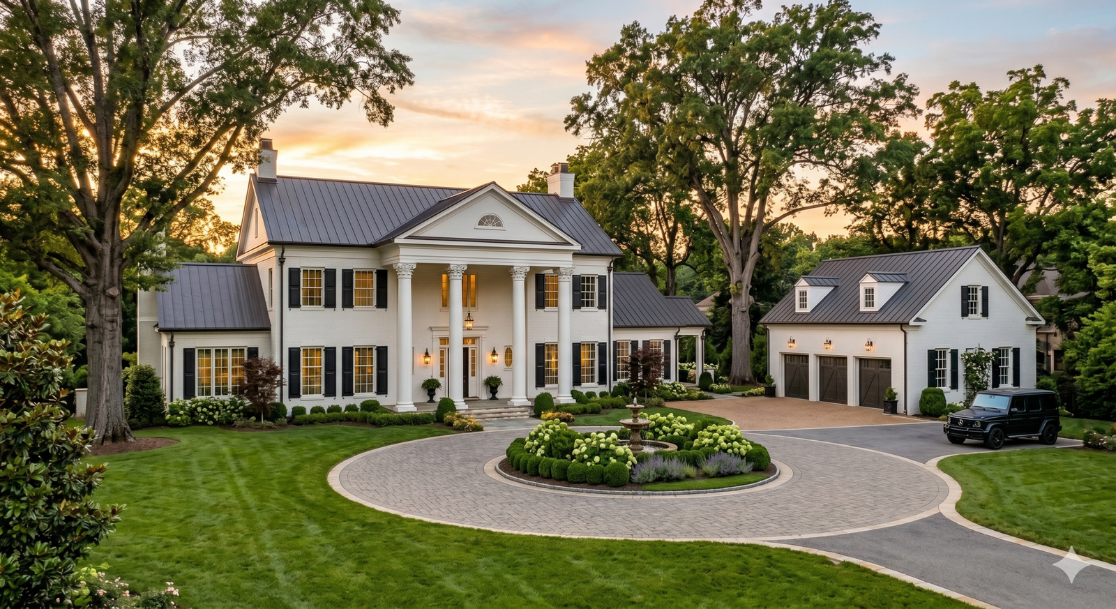 Stately Belle Meade estate framed by mature landscaping in Nashville Tennessee