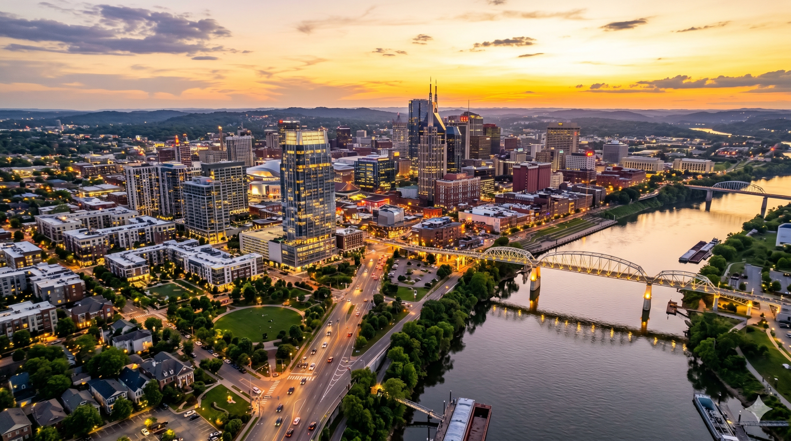 Downtown Nashville skyline at dusk, the heart of Music City real estate