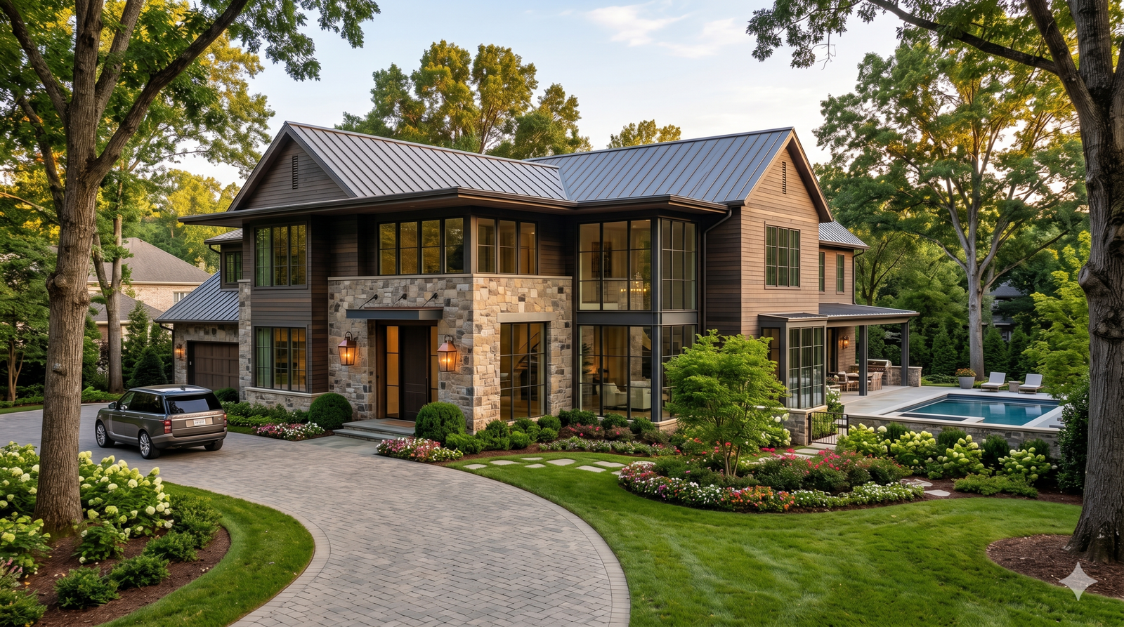 Tree lined residential street with luxury homes in Green Hill Nashville